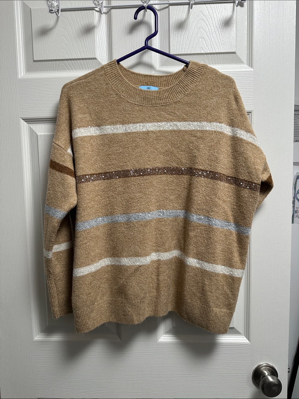 CeCe Tan Striped Crewneck Sweater with Metallic Detail